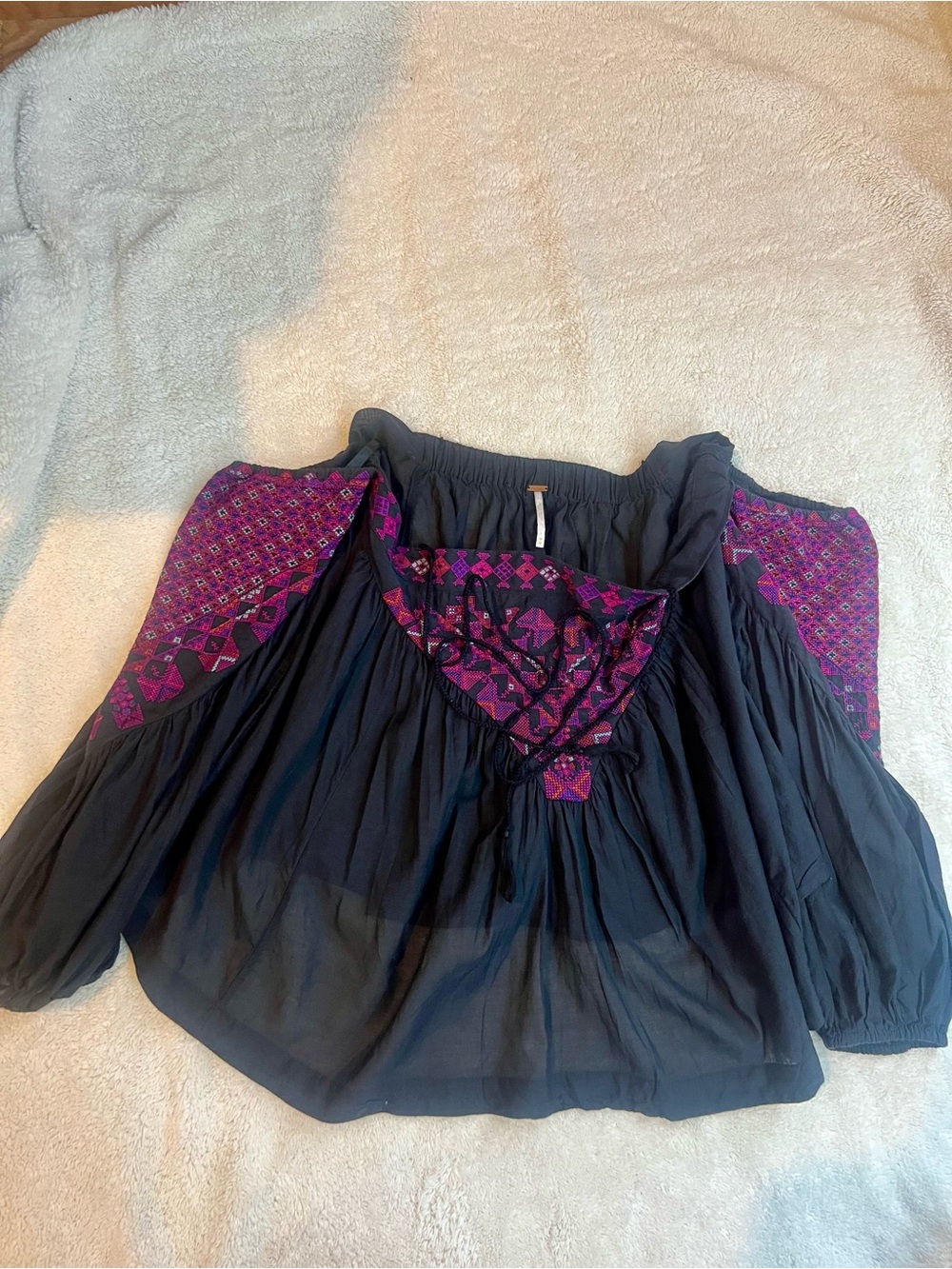 Free People Black Off-Shoulder Top with Magenta Embroidery - Picture 4 of 6